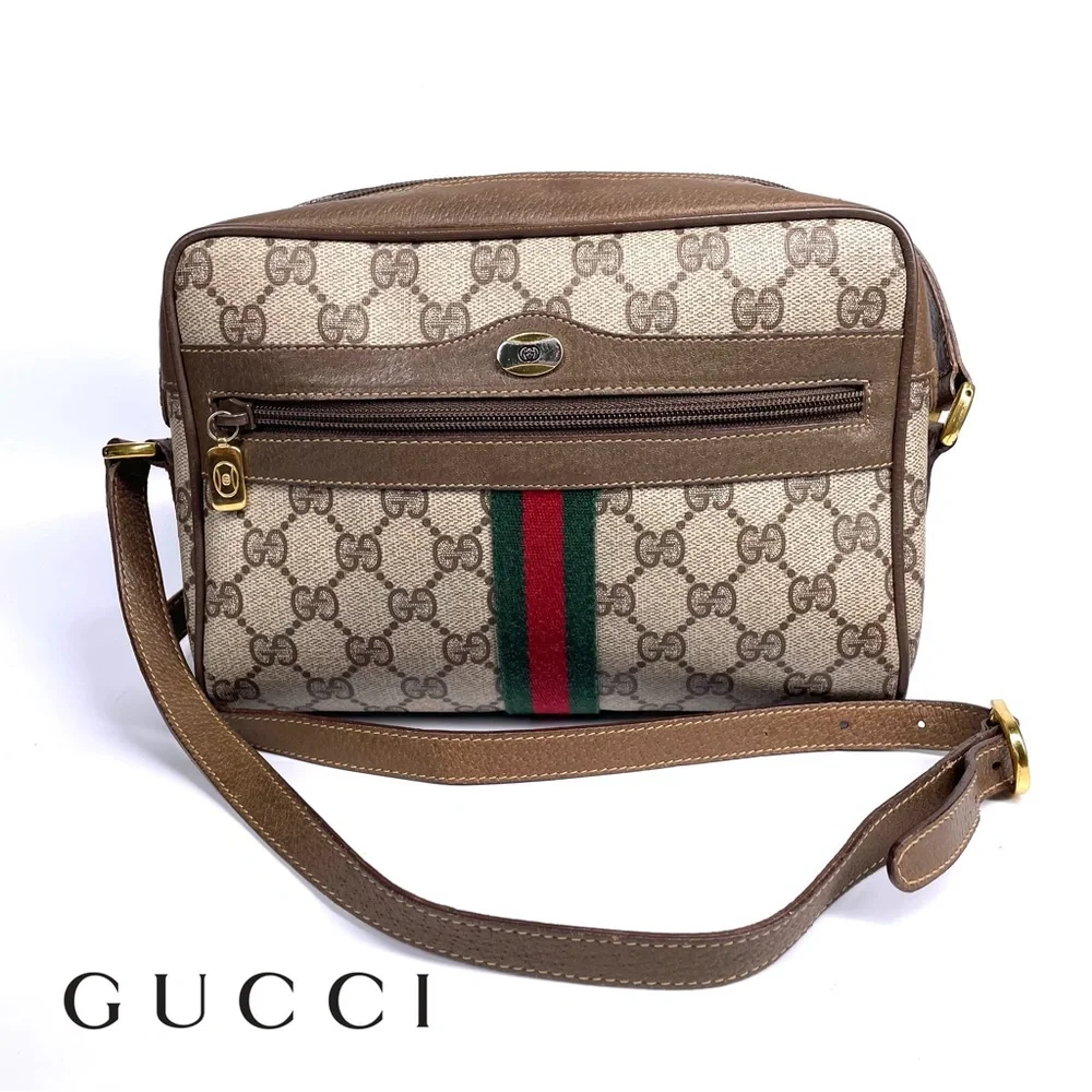🔴SOLD🔴GUCCI Vintage Sherry Line GG Web PVC Canvas Browns Crossbody Bag - Picture 1 of 16
